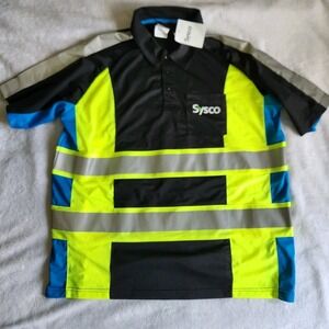 NEW Aramark Sysco Mens High Vis Reflective Work Polo Shirt Black Yellow Size XL